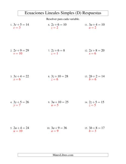 La hoja de ejercicios de Resolver Ecuaciones Lineales de la Forma ax + b = c sin Valores Negativos (D) Página 2