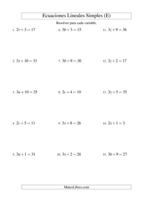 La hoja de ejercicios de Resolver Ecuaciones Lineales de la Forma ax + b = c sin Valores Negativos (E)