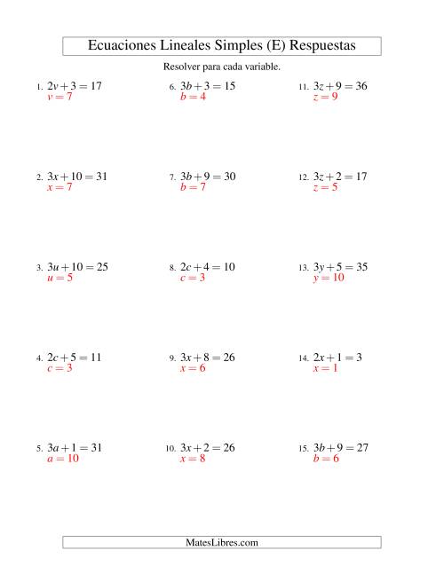 La hoja de ejercicios de Resolver Ecuaciones Lineales de la Forma ax + b = c sin Valores Negativos (E) Página 2
