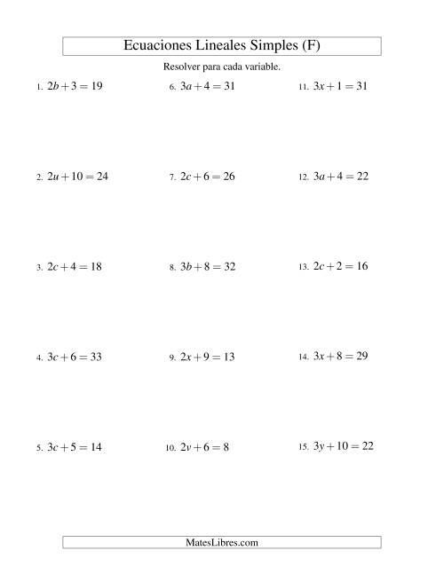 La hoja de ejercicios de Resolver Ecuaciones Lineales de la Forma ax + b = c sin Valores Negativos (F)