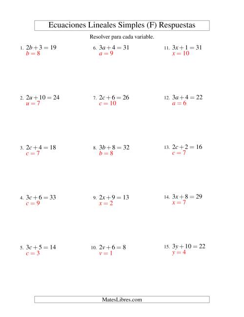 La hoja de ejercicios de Resolver Ecuaciones Lineales de la Forma ax + b = c sin Valores Negativos (F) Página 2
