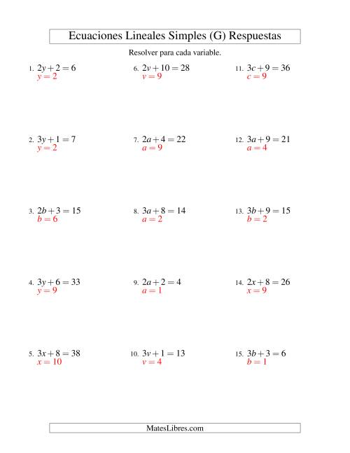 La hoja de ejercicios de Resolver Ecuaciones Lineales de la Forma ax + b = c sin Valores Negativos (G) Página 2