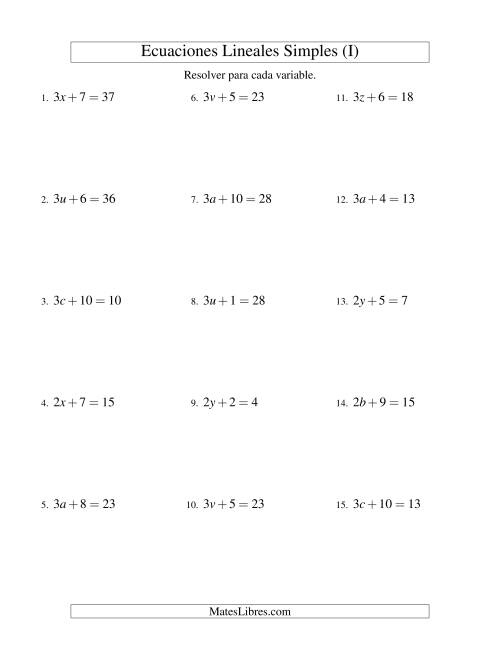 La hoja de ejercicios de Resolver Ecuaciones Lineales de la Forma ax + b = c sin Valores Negativos (I)