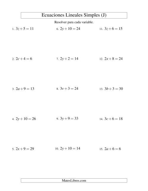La hoja de ejercicios de Resolver Ecuaciones Lineales de la Forma ax + b = c sin Valores Negativos (J)