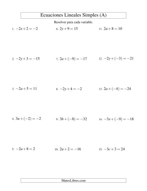 La hoja de ejercicios de Resolver Ecuaciones Lineales de la Forma ax + b = c con Valores Negativos (A)