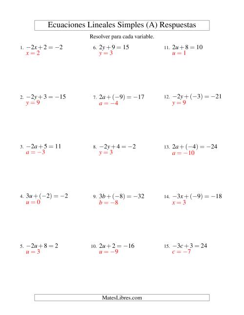 La hoja de ejercicios de Resolver Ecuaciones Lineales de la Forma ax + b = c con Valores Negativos (A) Página 2