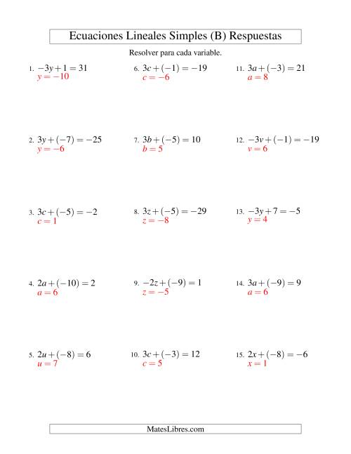 La hoja de ejercicios de Resolver Ecuaciones Lineales de la Forma ax + b = c con Valores Negativos (B) Página 2