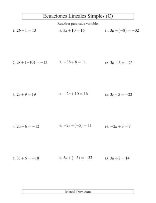 La hoja de ejercicios de Resolver Ecuaciones Lineales de la Forma ax + b = c con Valores Negativos (C)