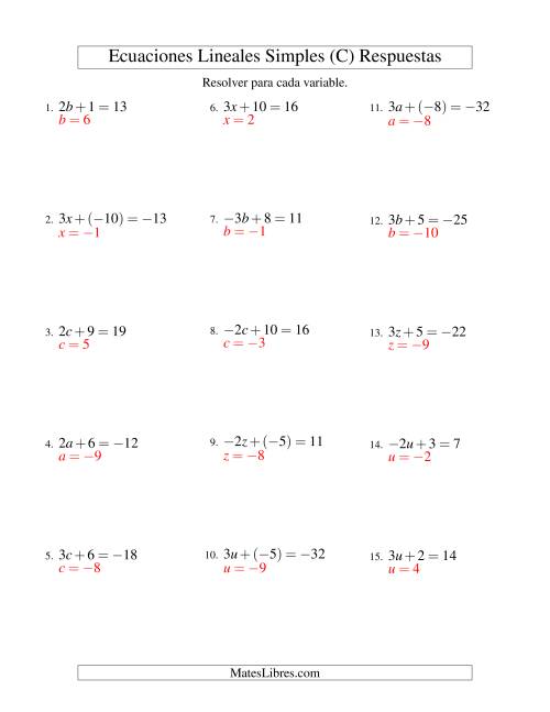 La hoja de ejercicios de Resolver Ecuaciones Lineales de la Forma ax + b = c con Valores Negativos (C) Página 2