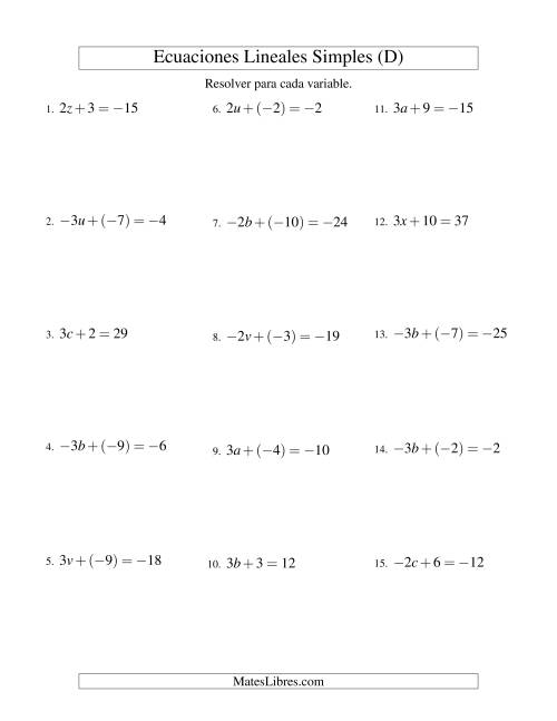 La hoja de ejercicios de Resolver Ecuaciones Lineales de la Forma ax + b = c con Valores Negativos (D)