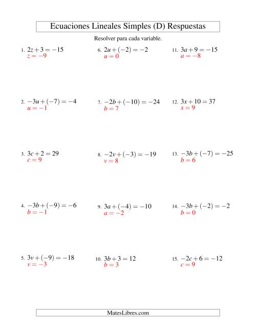 La hoja de ejercicios de Resolver Ecuaciones Lineales de la Forma ax + b = c con Valores Negativos (D) Página 2