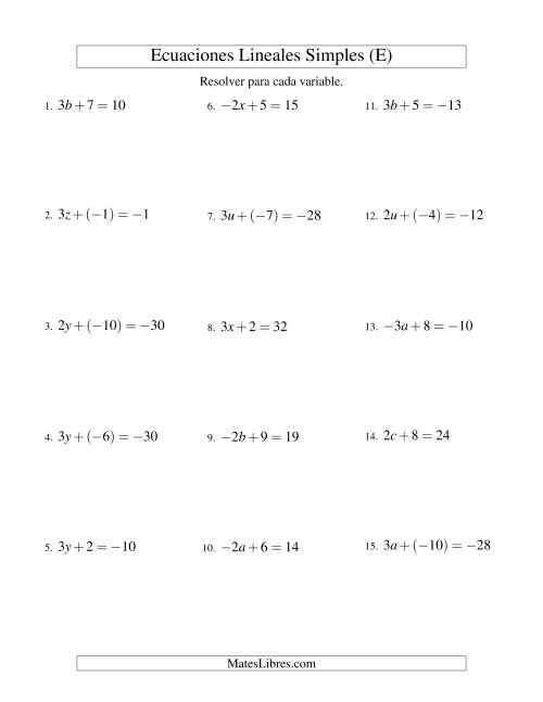 La hoja de ejercicios de Resolver Ecuaciones Lineales de la Forma ax + b = c con Valores Negativos (E)