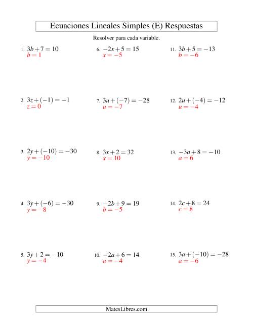 La hoja de ejercicios de Resolver Ecuaciones Lineales de la Forma ax + b = c con Valores Negativos (E) Página 2