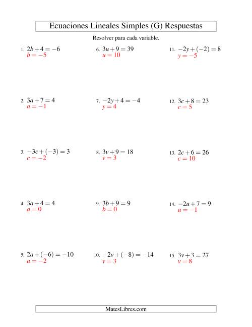 La hoja de ejercicios de Resolver Ecuaciones Lineales de la Forma ax + b = c con Valores Negativos (G) Página 2