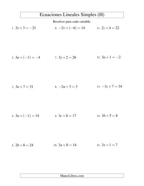 La hoja de ejercicios de Resolver Ecuaciones Lineales de la Forma ax + b = c con Valores Negativos (H)