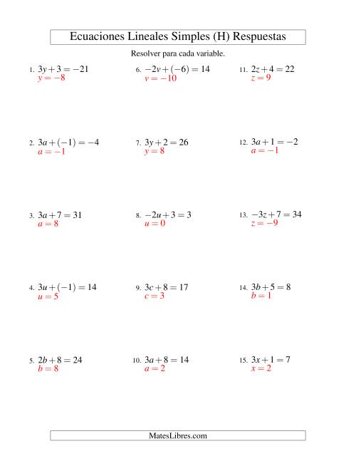 La hoja de ejercicios de Resolver Ecuaciones Lineales de la Forma ax + b = c con Valores Negativos (H) Página 2