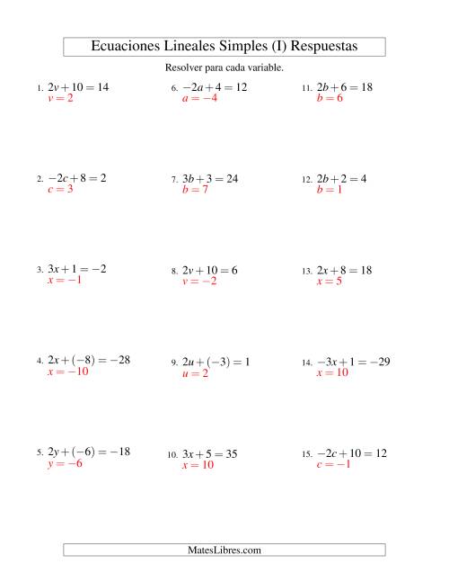 La hoja de ejercicios de Resolver Ecuaciones Lineales de la Forma ax + b = c con Valores Negativos (I) Página 2