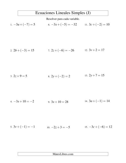 La hoja de ejercicios de Resolver Ecuaciones Lineales de la Forma ax + b = c con Valores Negativos (J)