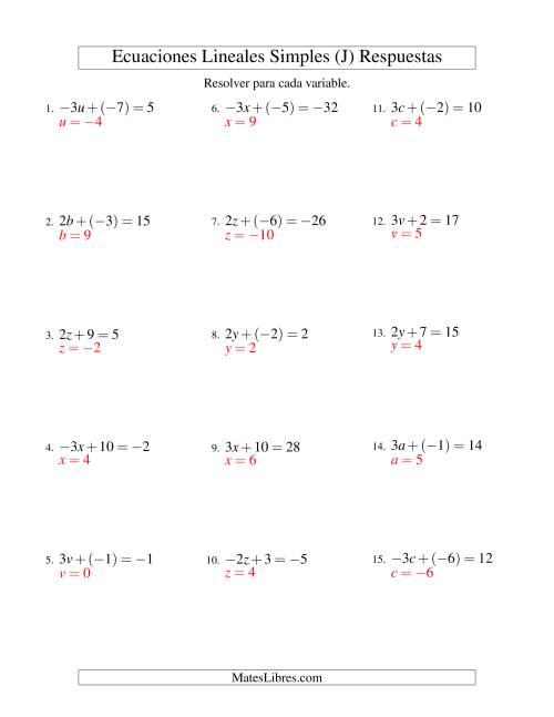 La hoja de ejercicios de Resolver Ecuaciones Lineales de la Forma ax + b = c con Valores Negativos (J) Página 2