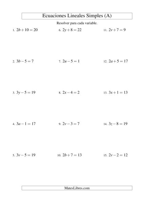 La hoja de ejercicios de Resolver Ecuaciones Lineales de la Forma ax ± b = c sin Valores Negativos (A)