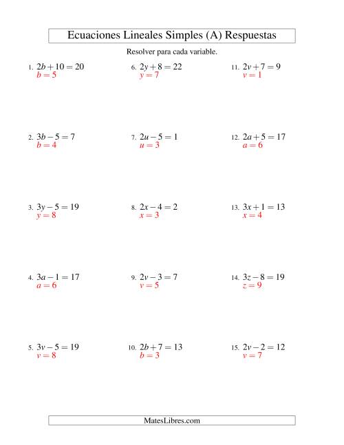 La hoja de ejercicios de Resolver Ecuaciones Lineales de la Forma ax ± b = c sin Valores Negativos (A) Página 2