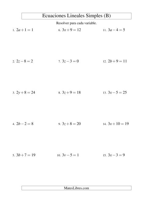 La hoja de ejercicios de Resolver Ecuaciones Lineales de la Forma ax ± b = c sin Valores Negativos (B)