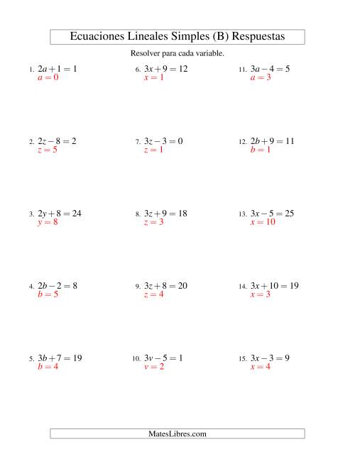 La hoja de ejercicios de Resolver Ecuaciones Lineales de la Forma ax ± b = c sin Valores Negativos (B) Página 2