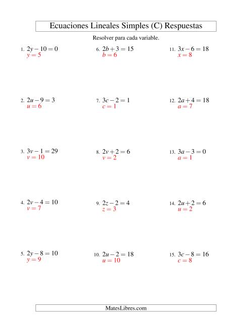 La hoja de ejercicios de Resolver Ecuaciones Lineales de la Forma ax ± b = c sin Valores Negativos (C) Página 2