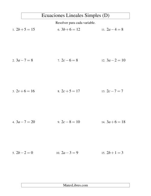 La hoja de ejercicios de Resolver Ecuaciones Lineales de la Forma ax ± b = c sin Valores Negativos (D)