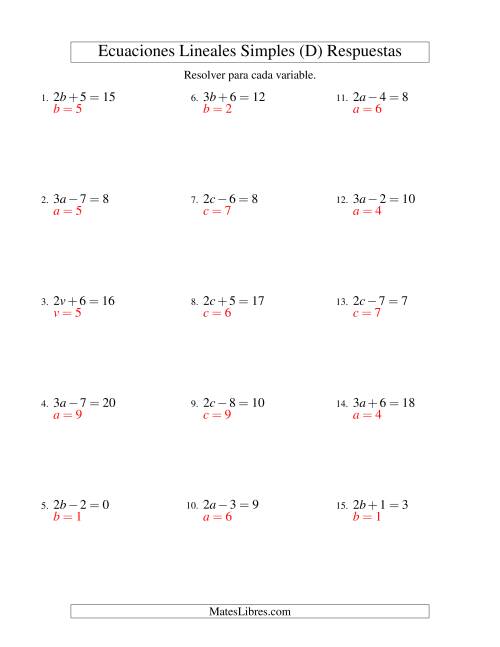 La hoja de ejercicios de Resolver Ecuaciones Lineales de la Forma ax ± b = c sin Valores Negativos (D) Página 2