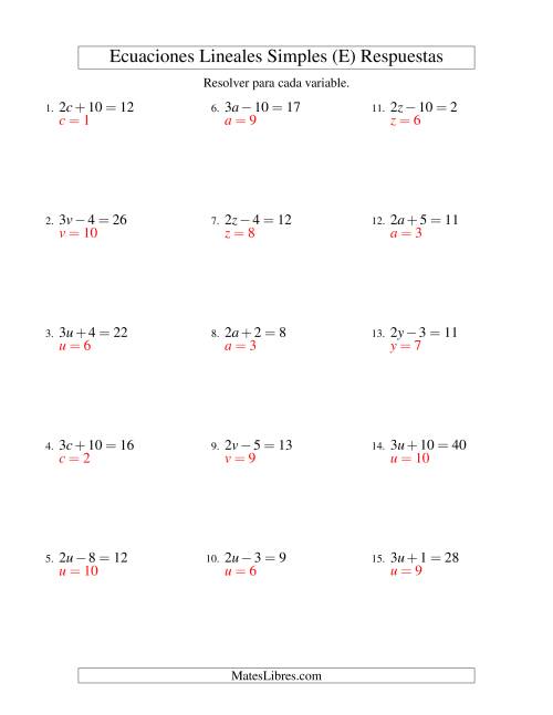 La hoja de ejercicios de Resolver Ecuaciones Lineales de la Forma ax ± b = c sin Valores Negativos (E) Página 2