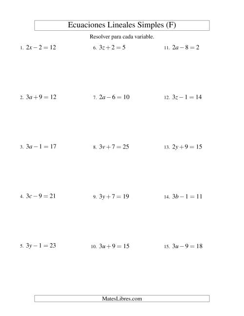 La hoja de ejercicios de Resolver Ecuaciones Lineales de la Forma ax ± b = c sin Valores Negativos (F)