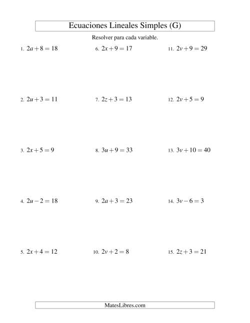 La hoja de ejercicios de Resolver Ecuaciones Lineales de la Forma ax ± b = c sin Valores Negativos (G)