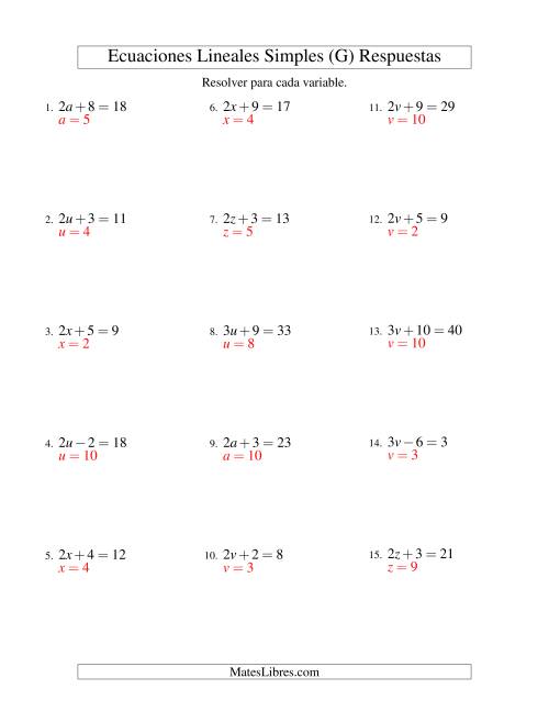 La hoja de ejercicios de Resolver Ecuaciones Lineales de la Forma ax ± b = c sin Valores Negativos (G) Página 2