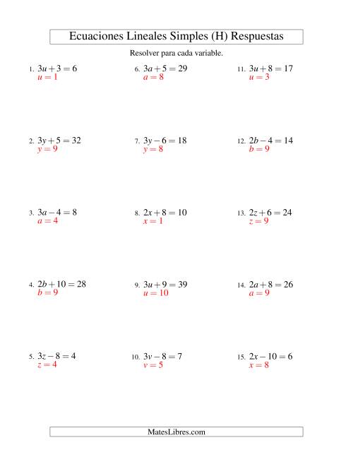 La hoja de ejercicios de Resolver Ecuaciones Lineales de la Forma ax ± b = c sin Valores Negativos (H) Página 2