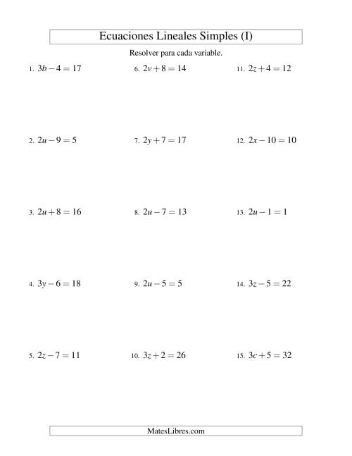 La hoja de ejercicios de Resolver Ecuaciones Lineales de la Forma ax ± b = c sin Valores Negativos (I)