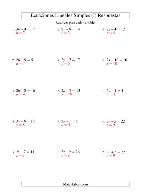 La hoja de ejercicios de Resolver Ecuaciones Lineales de la Forma ax ± b = c sin Valores Negativos (I) Página 2