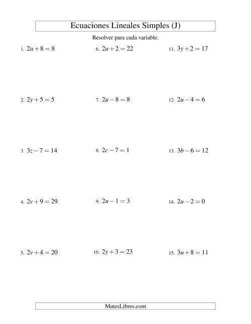 La hoja de ejercicios de Resolver Ecuaciones Lineales de la Forma ax ± b = c sin Valores Negativos (J)
