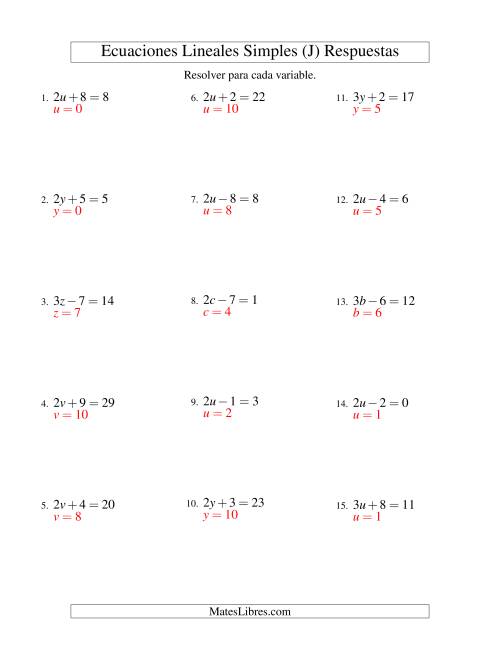 La hoja de ejercicios de Resolver Ecuaciones Lineales de la Forma ax ± b = c sin Valores Negativos (J) Página 2