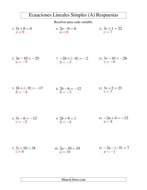 La hoja de ejercicios de Resolver Ecuaciones Lineales de la Forma ax ± b = c con Valores Negativos (A) Página 2