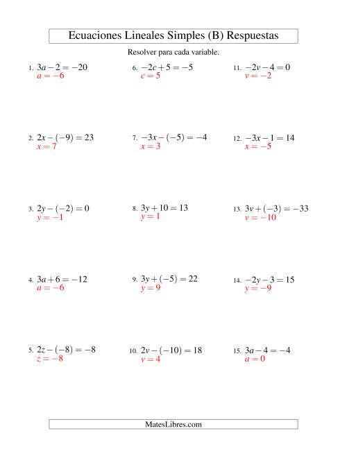 La hoja de ejercicios de Resolver Ecuaciones Lineales de la Forma ax ± b = c con Valores Negativos (B) Página 2