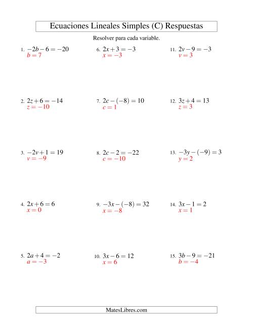 La hoja de ejercicios de Resolver Ecuaciones Lineales de la Forma ax ± b = c con Valores Negativos (C) Página 2