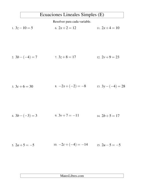 La hoja de ejercicios de Resolver Ecuaciones Lineales de la Forma ax ± b = c con Valores Negativos (E)