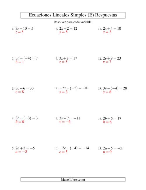 La hoja de ejercicios de Resolver Ecuaciones Lineales de la Forma ax ± b = c con Valores Negativos (E) Página 2