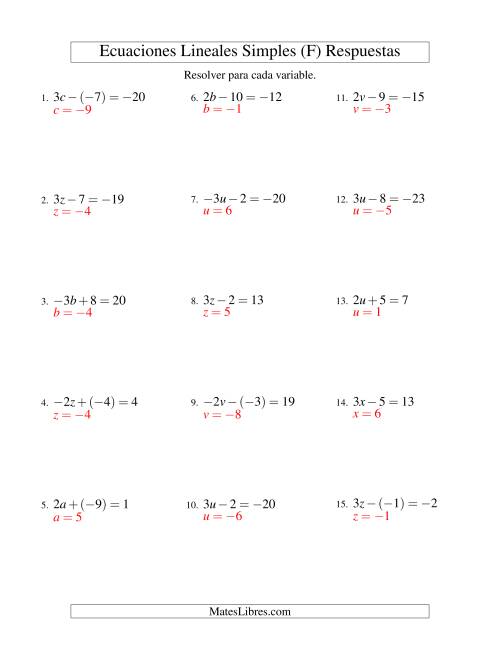 La hoja de ejercicios de Resolver Ecuaciones Lineales de la Forma ax ± b = c con Valores Negativos (F) Página 2