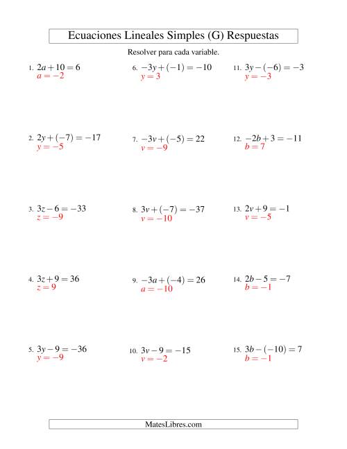 La hoja de ejercicios de Resolver Ecuaciones Lineales de la Forma ax ± b = c con Valores Negativos (G) Página 2