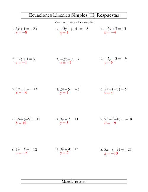 La hoja de ejercicios de Resolver Ecuaciones Lineales de la Forma ax ± b = c con Valores Negativos (H) Página 2