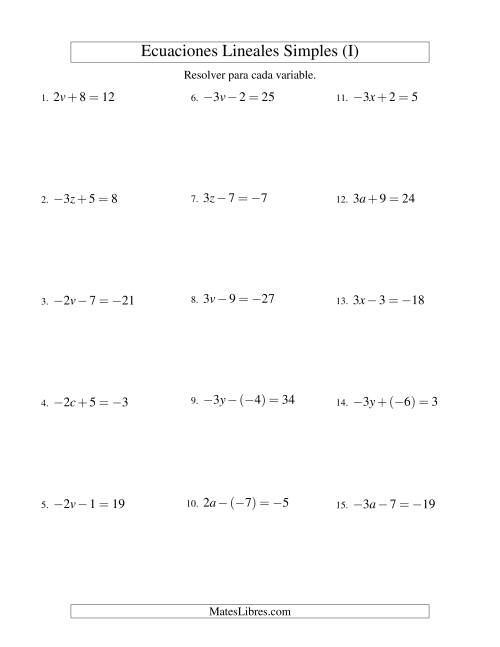 La hoja de ejercicios de Resolver Ecuaciones Lineales de la Forma ax ± b = c con Valores Negativos (I)