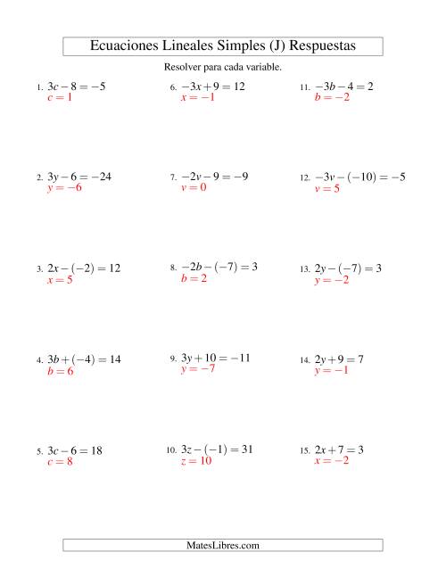 La hoja de ejercicios de Resolver Ecuaciones Lineales de la Forma ax ± b = c con Valores Negativos (J) Página 2
