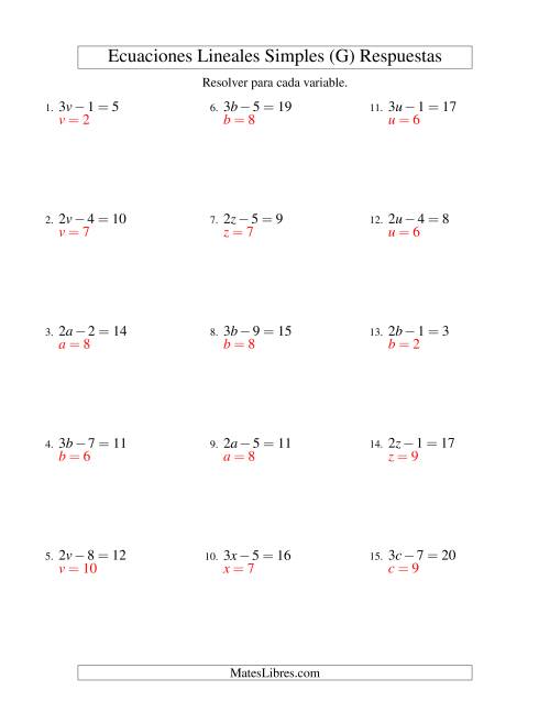 La hoja de ejercicios de Resolver Ecuaciones Lineales de la Forma ax - b = c sin Valores Negativos (G) Página 2